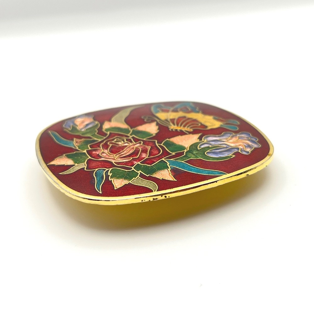 Vintage Red Cloisonne Enamel Floral Butterfly Scarf Clip Gold Tone Square Rose - Picture 4 of 7